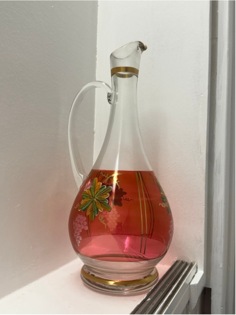 Vintage Bohemian or Czech wine decanter red glass etched grape designs 12”